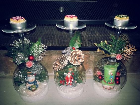 Wine glass snow Globes with pine cones