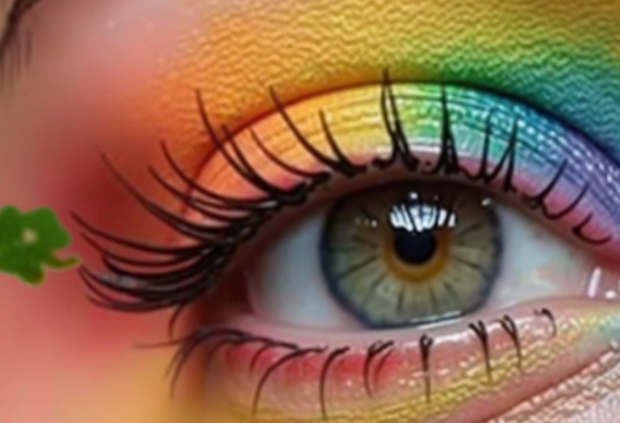 Close-up of an eye with vibrant rainbow eyeshadow transitioning from yellow to green, blue, and purple. The makeup features bold, long lashes and a small green shamrock detail near the outer corner, creating a festive St. Patrick's Day look.