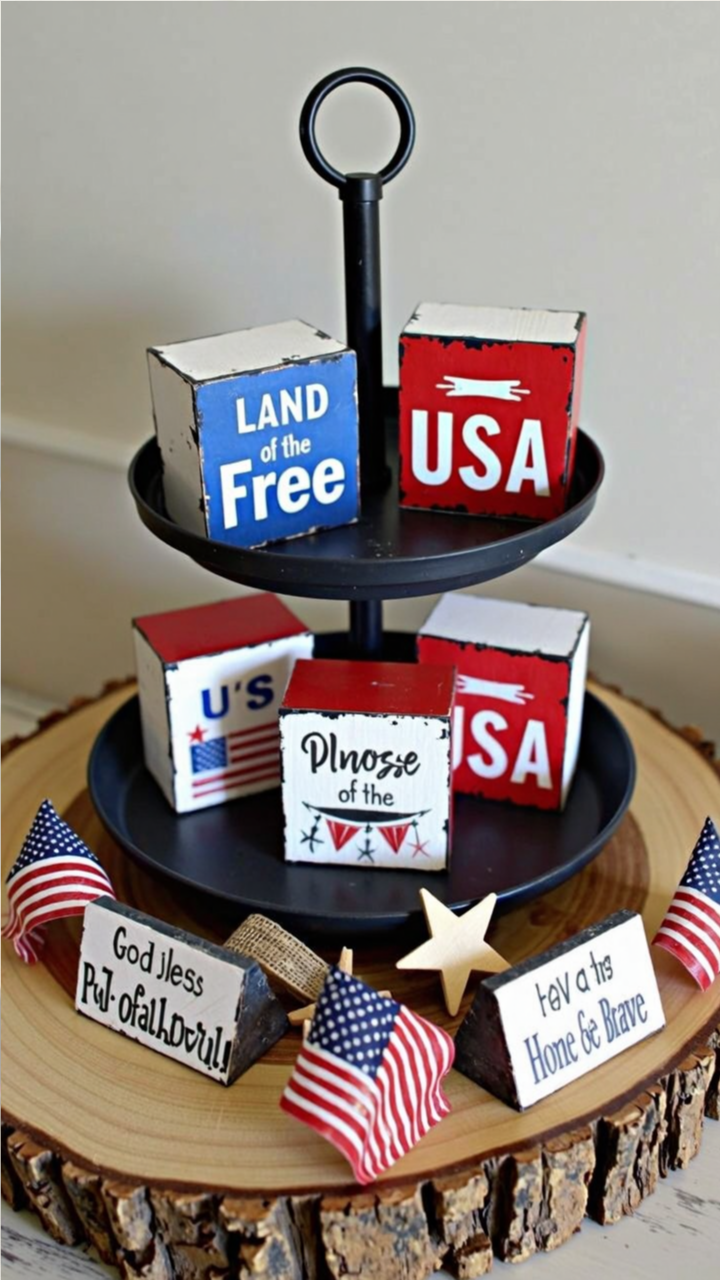 Patriotic tiered tray display featuring mini wooden signs with messages like 'Land of the Free' and 'USA,' along with small American flags and decorative stars on a rustic wooden base.