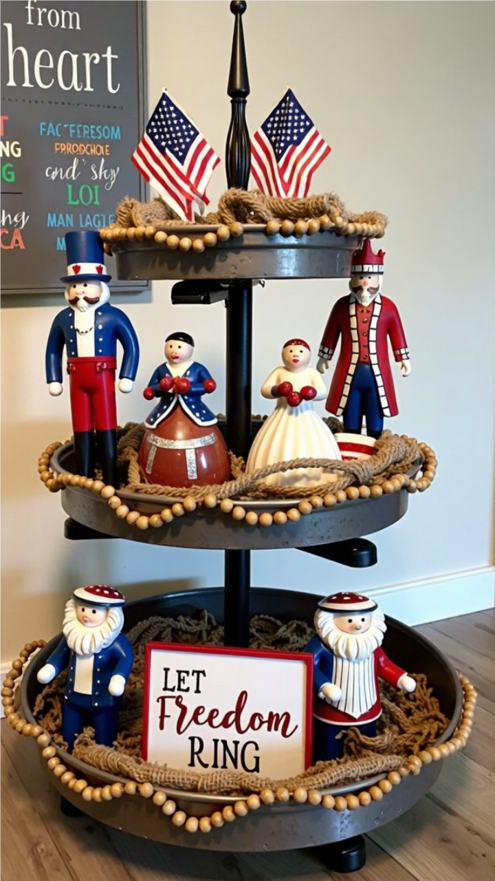  A tiered tray decorated with wooden nutcrackers in red, white, and blue, small American flags, burlap accents, and a 'Let Freedom Ring' sign.