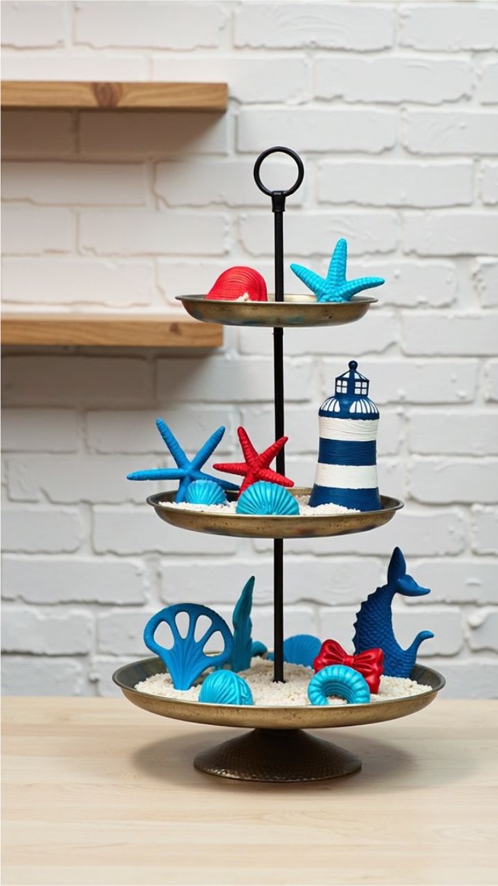 4th of July tiered tray decor with a coastal theme, featuring red and blue starfish, seashells, a striped lighthouse, and nautical accents on a three-tiered stand.