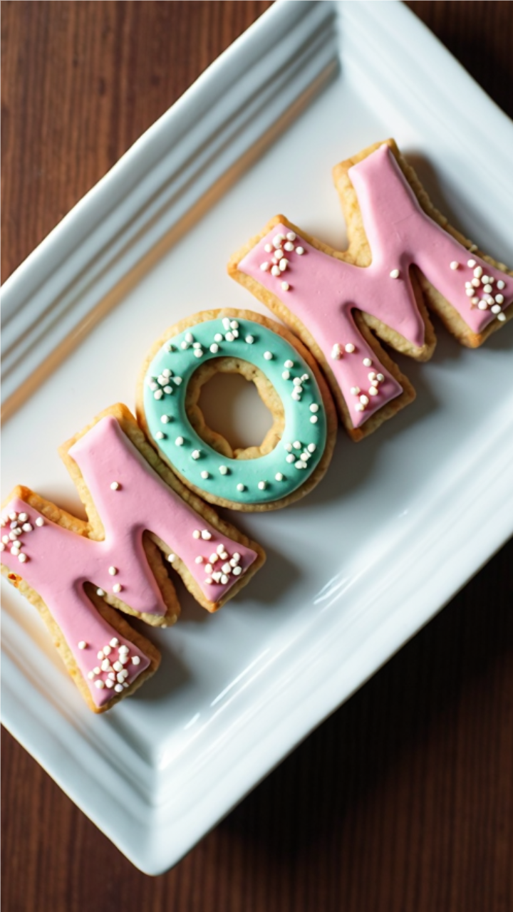Letter-shaped sugar cookies spelling 'MOM,' decorated with pastel pink and teal icing, sprinkled with white pearls, and placed on a white plate.