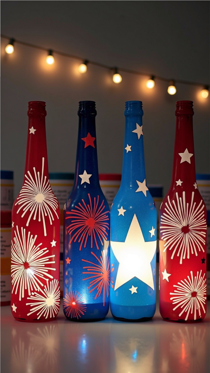 Four illuminated wine bottles painted in red, white, and blue with patriotic designs of stars and fireworks, glowing from within, set against a backdrop of string lights for a festive 4th of July decoration.