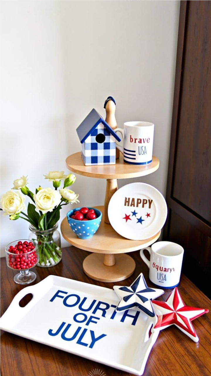 Fourth of July tiered tray display with patriotic decor, including a blue and white birdhouse, festive mugs, plates, red and blue star ornaments, and a 'Fourth of July' serving tray