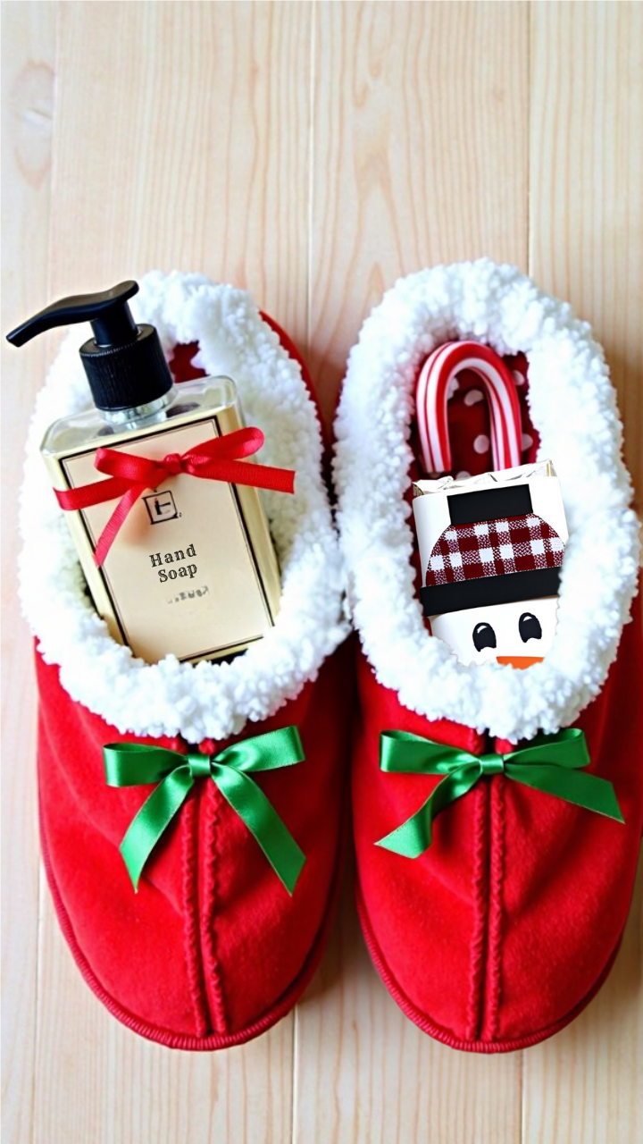 Cozy Christmas gift idea with red slippers filled with hand soap, candy canes, and a snowman wrapped chocolate bar.