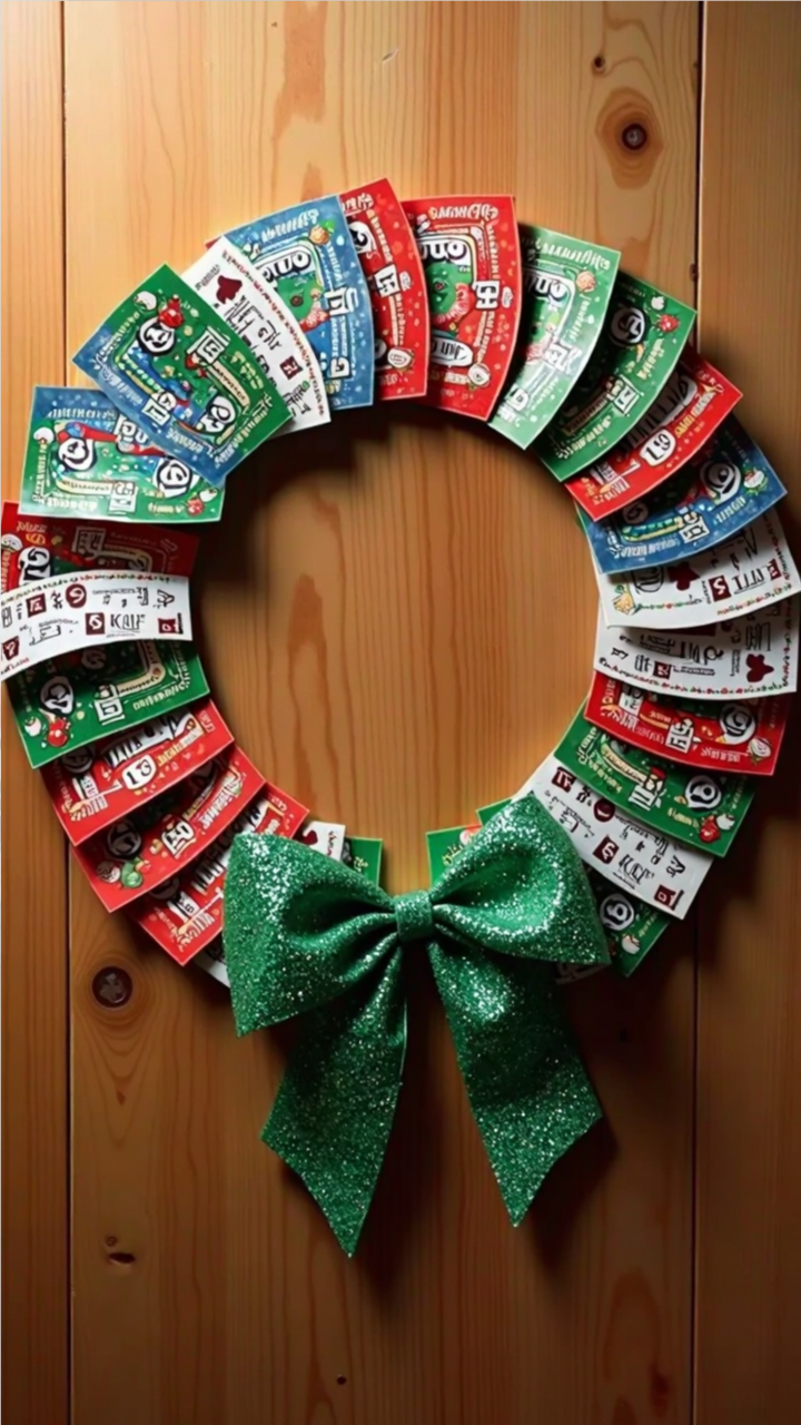 Christmas wreath made of colorful lottery scratch-off tickets, arranged in a circle with a large glittery green bow at the bottom, displayed on a wooden background.