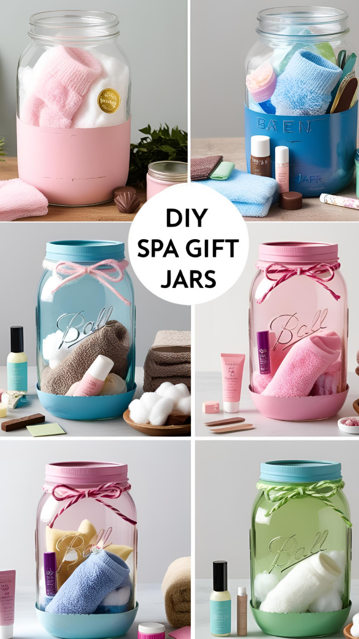 A collection of DIY spa gift jars in pastel colors, filled with cozy socks, cotton balls, lotions, and self-care essentials, displayed on a table with decorative elements.