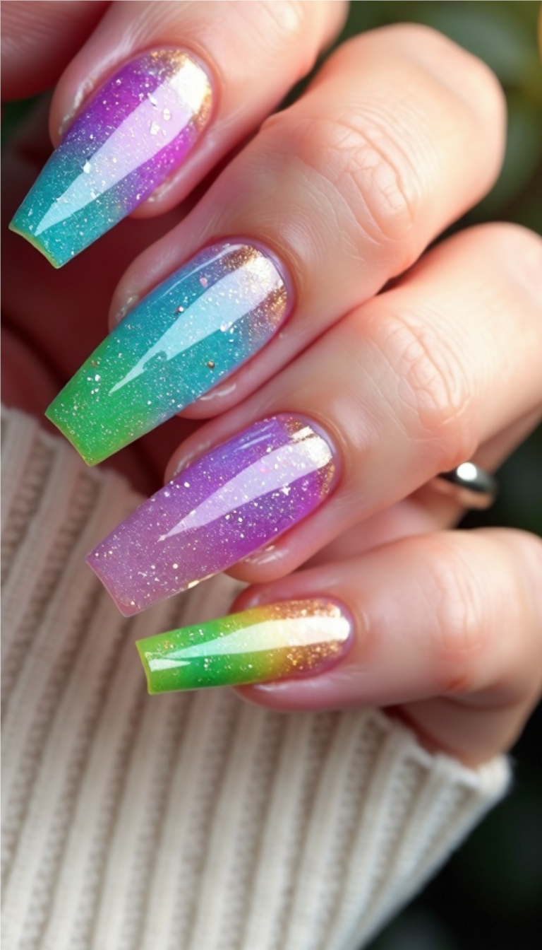 Alt text: Colorful rainbow aura nails with ombré blend of purple, green, and gold glitter on long coffin-shaped tips. 