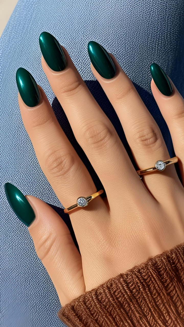 Emerald green aura nails with glossy finish on almond-shaped tips, paired with minimalist gold rings and a cozy brown sweater.