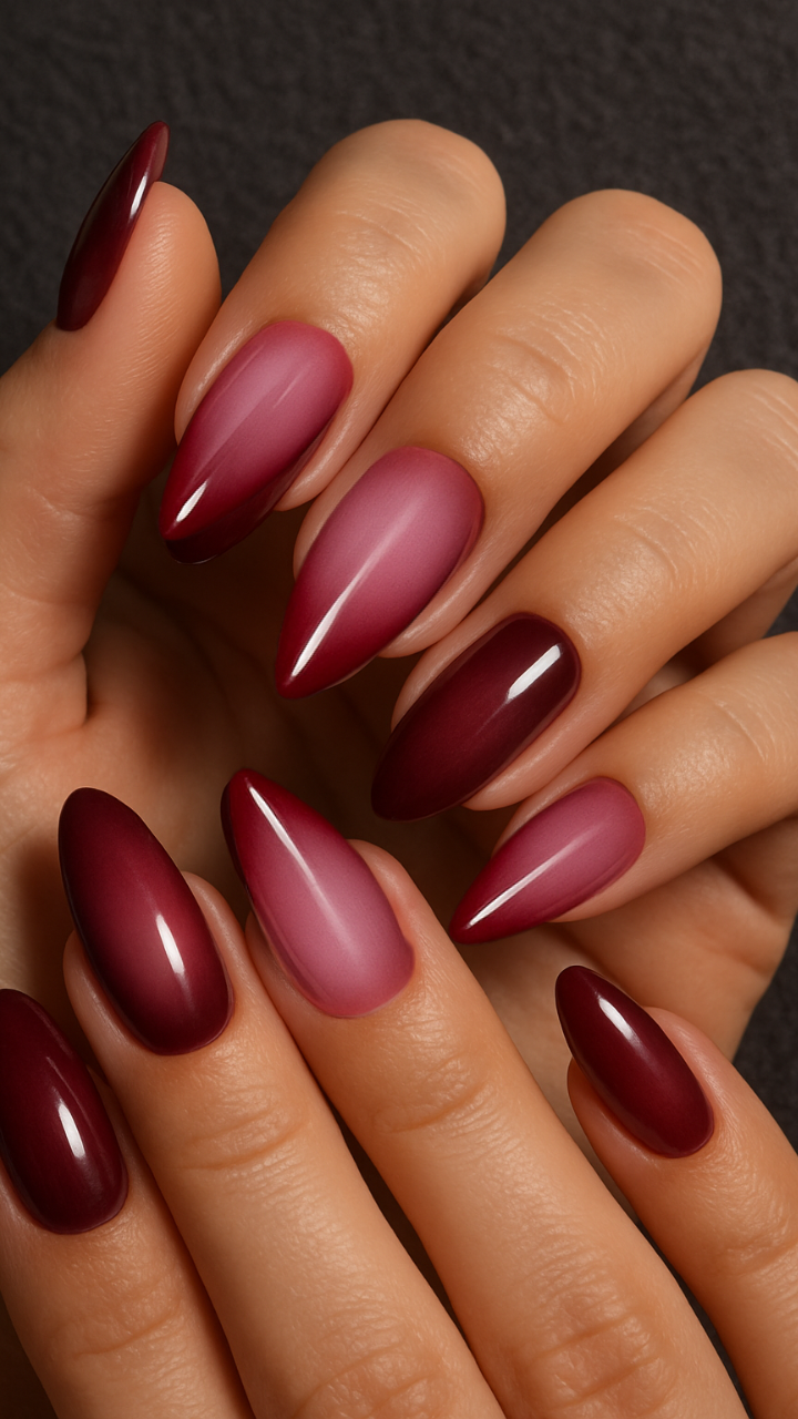 Romantic berry-toned aura nails with ombré blend of deep red and pink on almond-shaped nails.