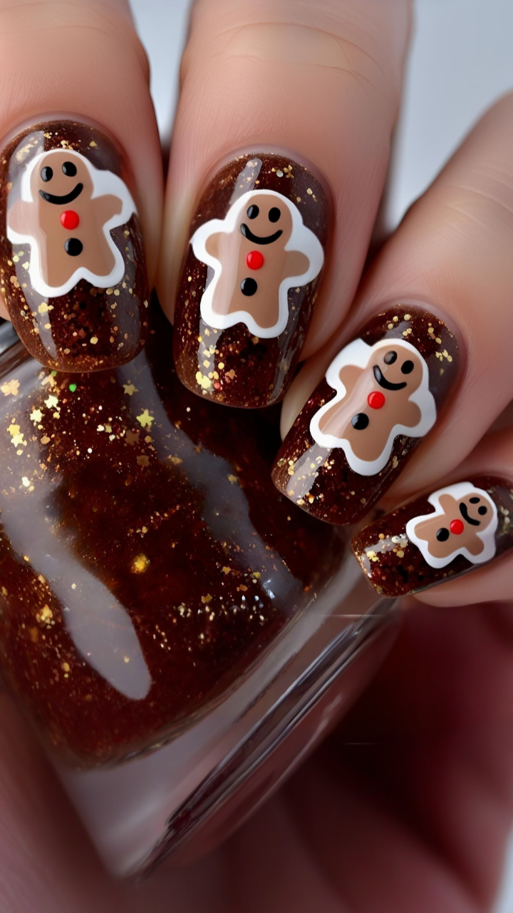 Glittery gingerbread Christmas nail art on brown sparkle polish.