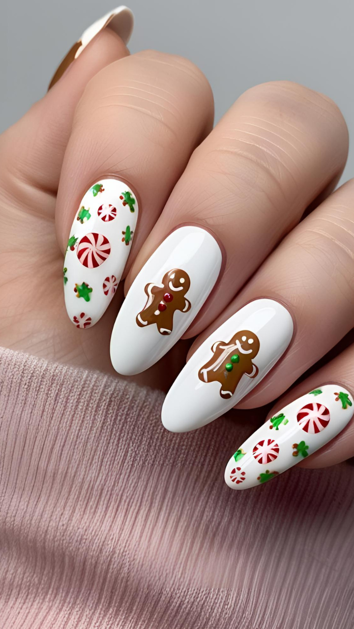 White Christmas nails with candy canes, holly, and gingerbread men designs.