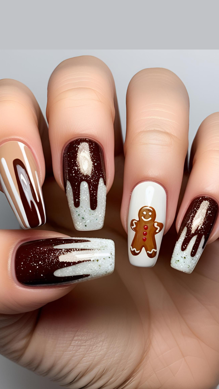 Chocolate drip Christmas nails with glittery icing and cute gingerbread man accent.