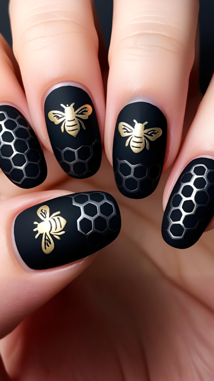 Black matte nails with silver honeycomb patterns and gold bee accents, perfect for goth nail art inspiration.