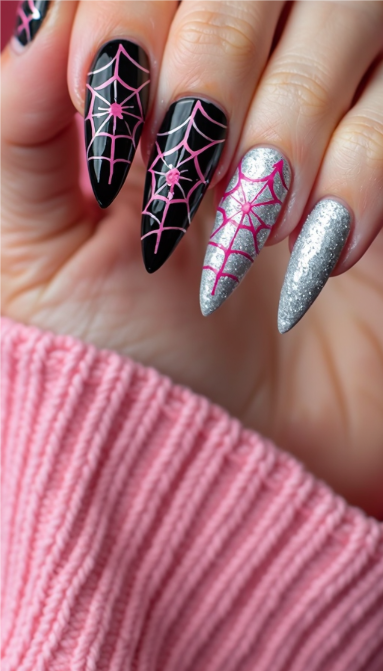 Pink spiderweb nail art on black and silver glitter base.