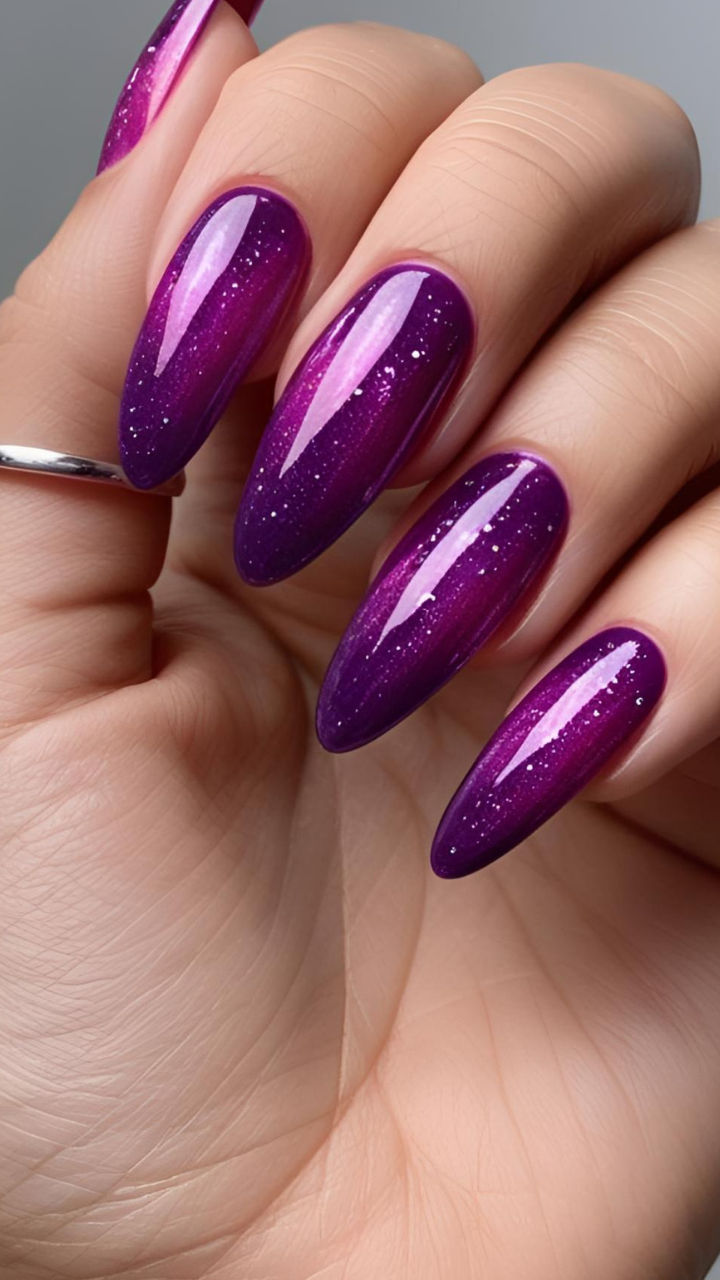 Close-up of magnetic cat eye nails in deep galaxy purple with shimmering finish.