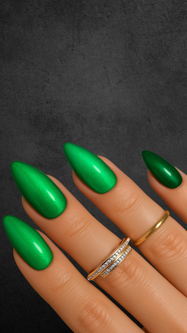 Emerald green cat eye nails with a shimmering magnetic finish against a dark background.