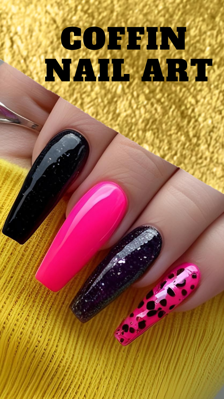Coffin nail art featuring neon pink, black glitter, and animal print design