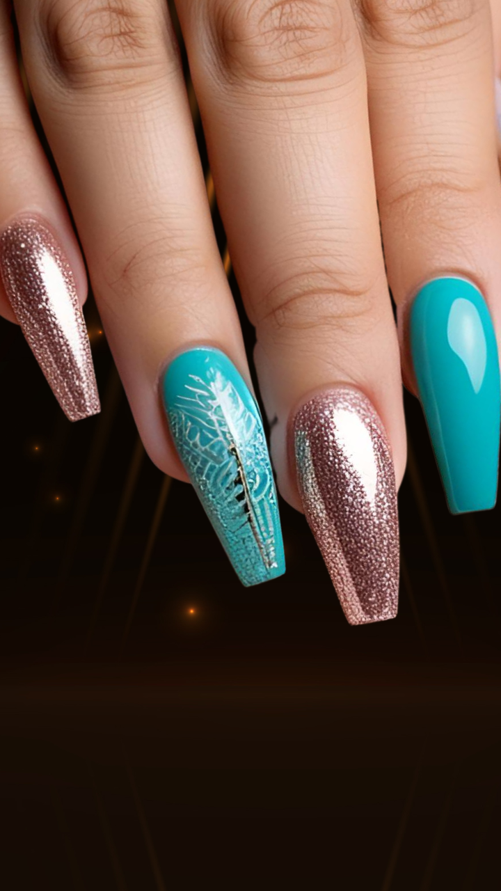 Coffin nails with rose gold glitter and turquoise accent nail art design