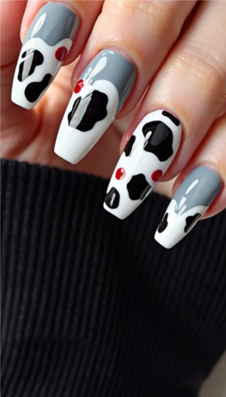 Coffin nails with black and white cow print, grey base, and small red accent dots