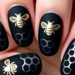 Black matte nails with silver honeycomb patterns and gold bee accents, perfect for goth nail art inspiration.