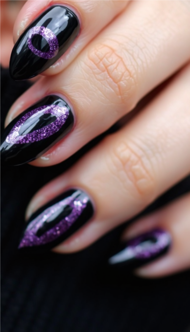 Glossy black nails with purple glitter eye designs for a bold goth-inspired look.