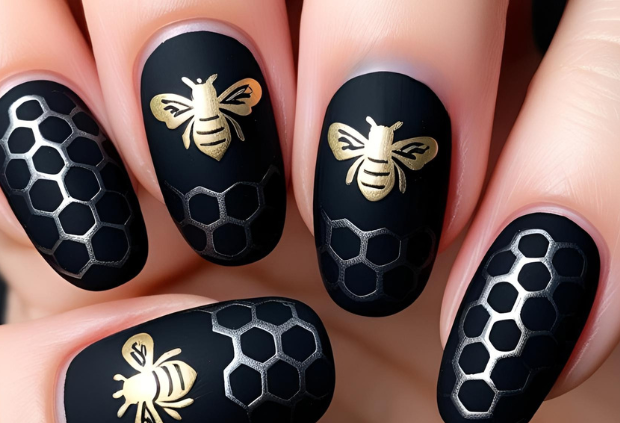 Black matte nails with silver honeycomb patterns and gold bee accents, perfect for goth nail art inspiration.
